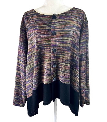 Vintage By Chicos M/L Black Multicolor Artsy Art To Wear Long Sleeve Cardigan
