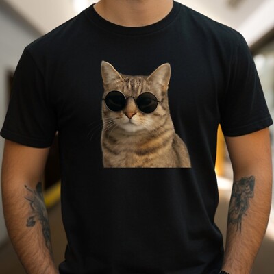 Mens Cat Sunglasses Cotton T-Shirt Size S to 5XL