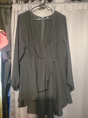 BLACK FLOWIE DRESS! LONG PUFF SLEEVES SIZE XL V-NECK | eBay