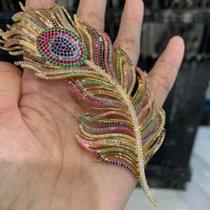 Authentic 3.00Ct Round Cut Natural Multicolor Feather Brooch Pin 14K Yellow Gold Plated
