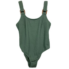 NWT H M Swimsuit Womens Sz M Khaki Green Ribbed Swimsuit Bathing Buckle