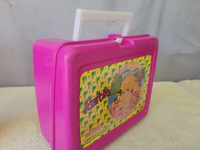 L~Vintage 1980,s Hollywood Barbie Pink Plastic Lunchbox & Thermos
