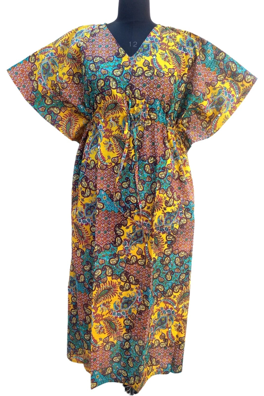 Indian Cotton Multi Paisley Print Kaftan Dress Women's Clothing Kaftan Dress US