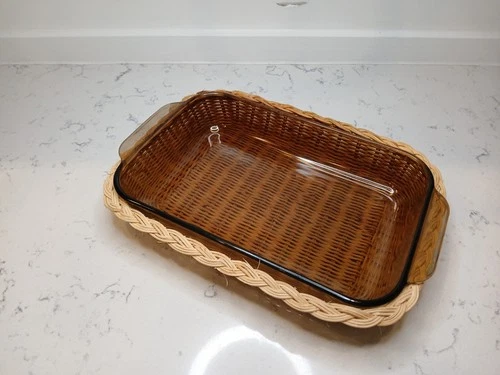 PYREX Amber Glass #232 7”x11” Baking Pan + Basket Vintage