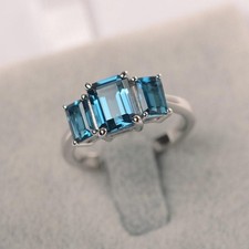 London blue topaz engagement ring silver 3 stone ring emerald cut blue gemstone