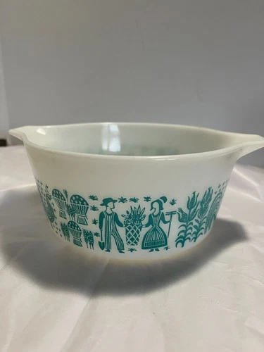 VTG Pyrex Turquoise Blue on White Amish Butter Print 1 1/2 qt Casserole #474-B