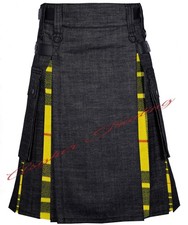 Scottish Black Denim With MacLeod of Lewis Tartan Hybrid Utility Kilt For Men