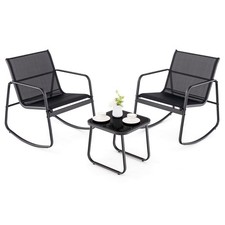 3 Piece Rocking Bistro Set Patio Furniture Set w/ 2 Rocking Chairs  Glass-Top