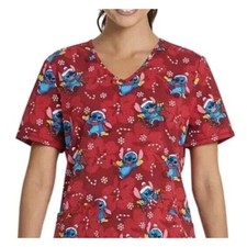 2XL Disney Women's Christmas Lilo  Stitch V-Neck Print Scrub Top NEW snowflake