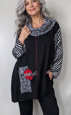 Ali Miles Black White Cowl Neck Plus Size 2X Lagenlook Artsy Swing Tunic Top
