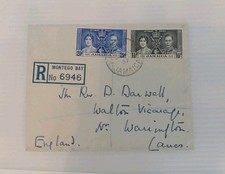 Jamica Registered Cover Kgvi 1937,Montego Bay To Warrington,Coronation Stamps