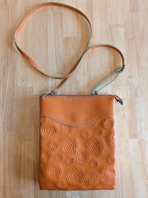 TOOLED, FLORAL, ''MELLOW WORLD'' CROSSBODY PURSE, ORANGE IN GOOD CONDITION