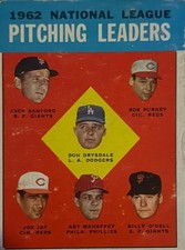 1963 TOPPS #7 1962 PTCH LDRS (DRYSDALE/SANFORD/ PURKEY/JAY/MAHAFFEY/ O'DELL)