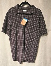 NWT Columbia Mens Large L Omni Shade Button Up Shirt Black Gray Plaid UPF 30