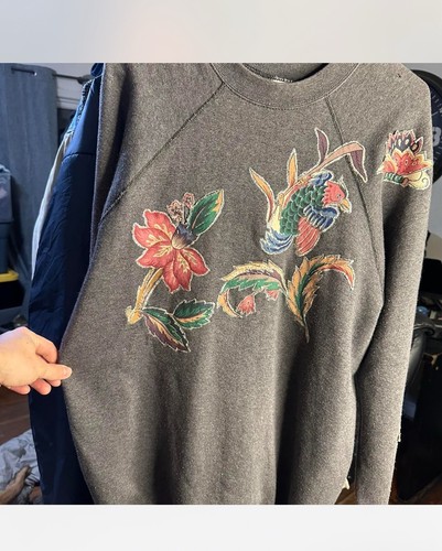 Vintage 90s Floral Sweatshirt Spring Birds Grey Crewneck Grandma XL Women’s