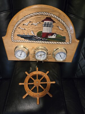 VTG Sunbeam Carved Lighthouse Weather Station Temp Barom Humid +wood Ships Wheel