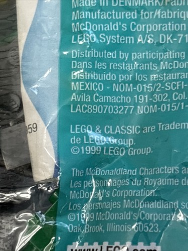 1999 McDonald's Happy Meal Lego Classic #7 Hamburgler Toy 7 - SEALED NEW - Picture 3 of 5