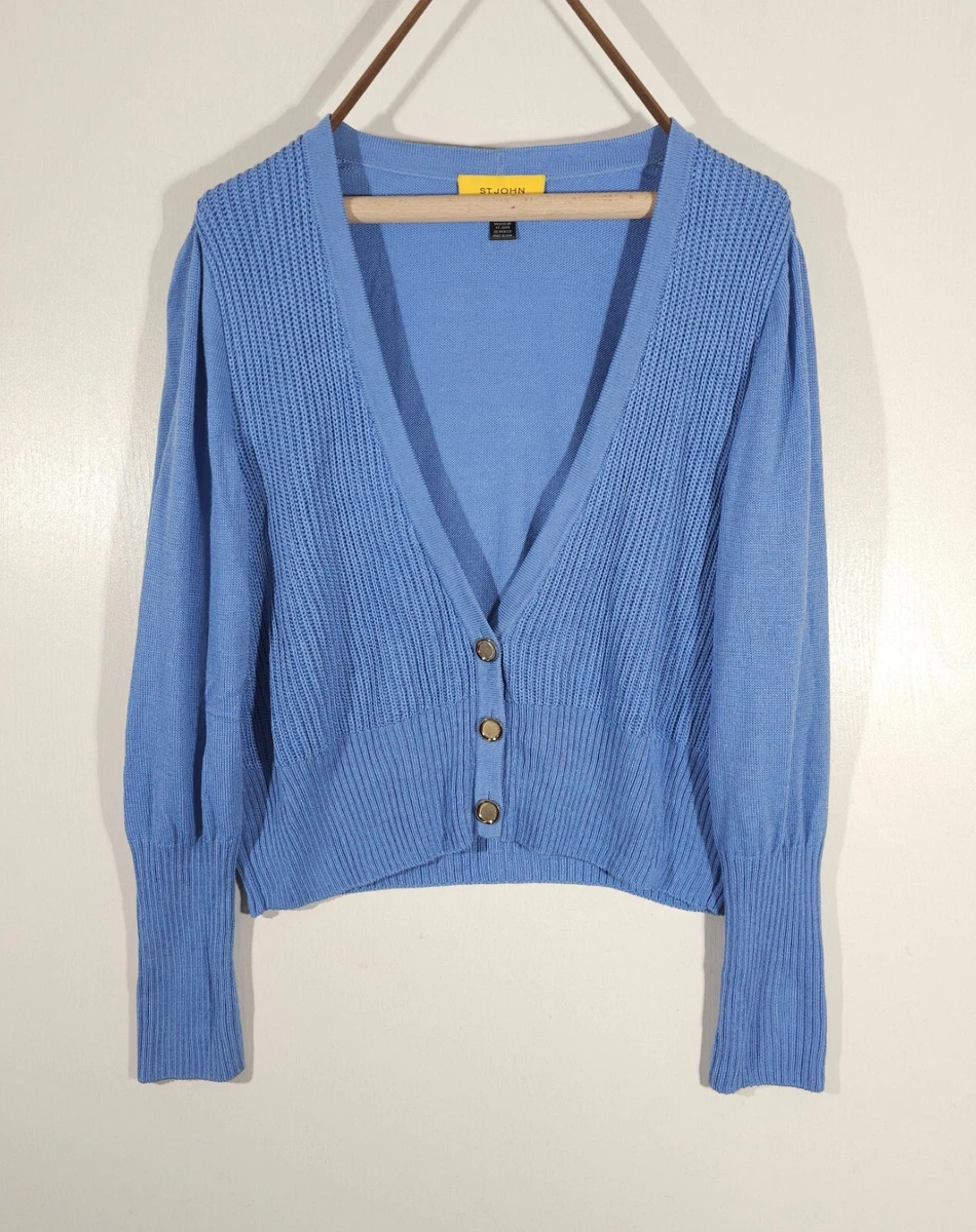St. John Yellow Label Button Front Ribbed Knit Cardigan Sweater Wool Blue Sz L
