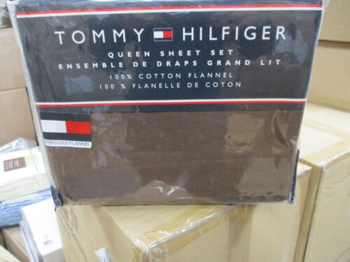 TOMMY HILFIGER Cotton Flannel Sheet Set CHOCOLATE BROWN  (MSRP $200) QUEEN SIZE  - Picture 1 of 4