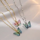 Colored Stone Butterfly Pendant Necklace in Stainless Steel