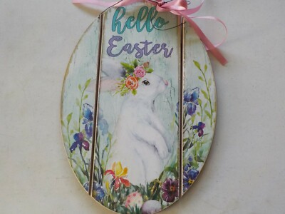 Hello Easter Wooden Hanging Egg With Bunny Door HangerSign, 14'' x 10'' (SM T-E)