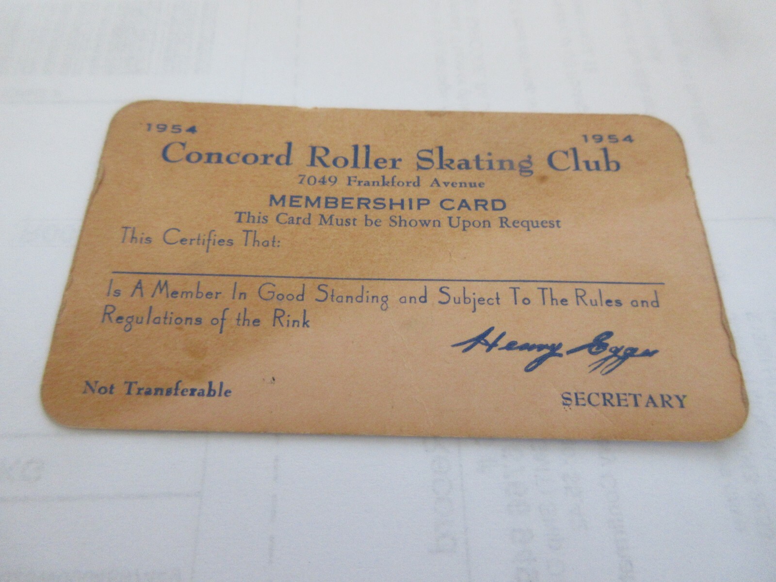 Concord Roller Skating Club , 1954 , Membership Card , 7049 Frankford