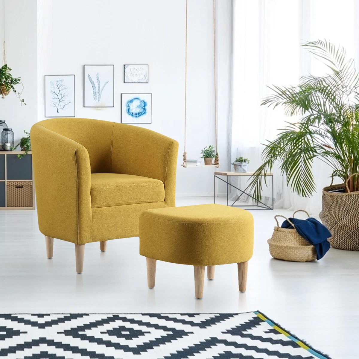 Comfortable Armchair with Ottoman, Modern Fabric Single Sofa Chair Accent  Chair with Solid Wood Legs, Single Sofa Reading Chair with Ottoman Footrest