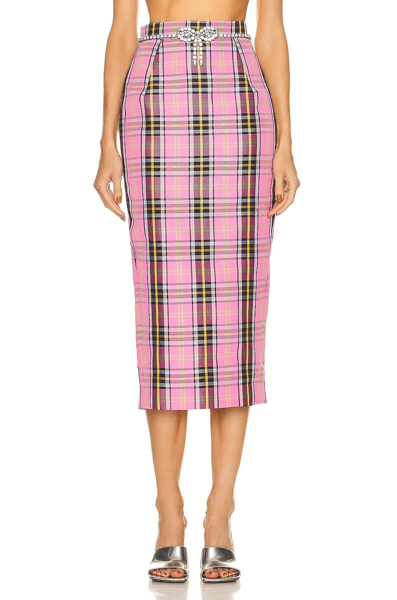 AREA Crystal Trim Skirt Pink Plaid Midi 0 NWOT $995 | eBay