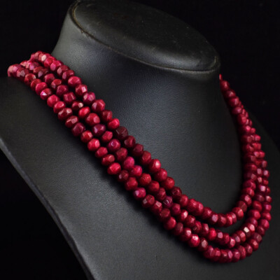 396 Cts Earth Mined 3 Strand Red Ruby Faceted Beads Womens Necklace JK 06E377