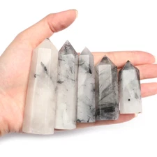 Natural Black Hair Crystal Tourmaline Quartz Hexagonal Point Wand Healing Reiki