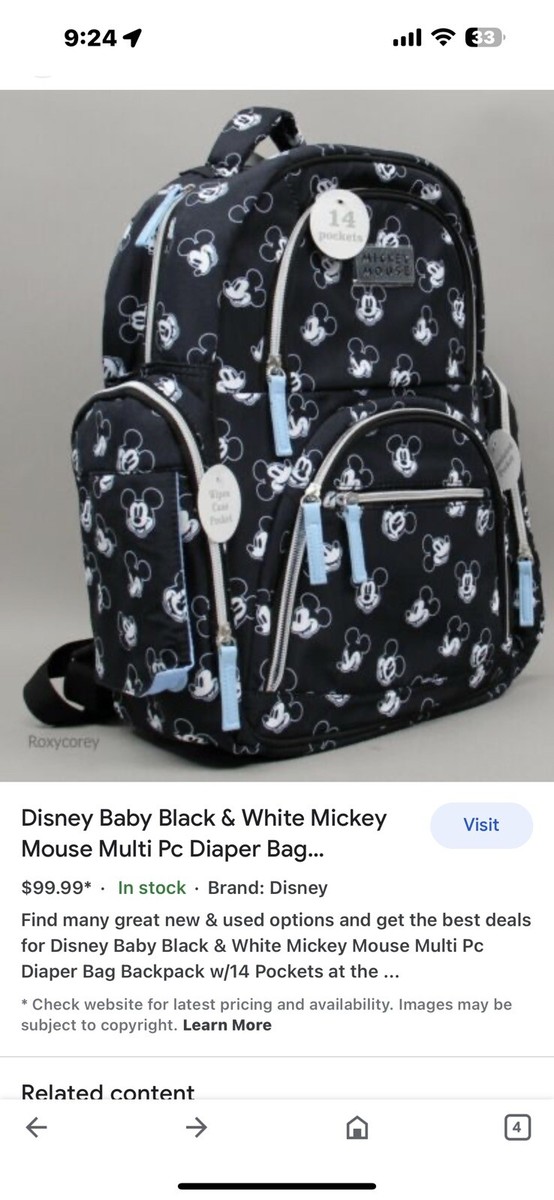 NWT Black & Blue Disney Mickey Mouse Diaper Bag Backpack Tote with