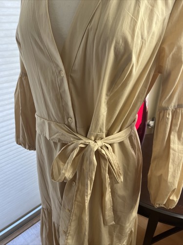 Anthropologie Maeve Oatmeal Cream  Color Long Midi 3/4 Puff Sleeve Dress Sz 16 - Picture 3 of 24