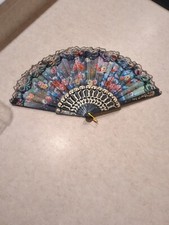 Vintage Hand Fan Flowers Black Plastic Gold Dragons Black Lace Gold Handle