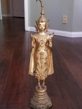 Cambodian Khmer Bronze w Gold Gilt Deity Statue in Angkor Wat Style