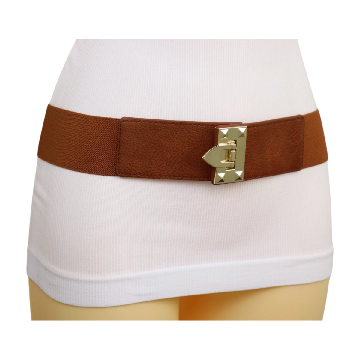 Women Chocolate Brown Elastic Fashion Belt Gold Metal Square  display picture 2