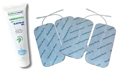 HEALTHCARE WORLD TENS PADS 4 LARGE TENS ELECTRODES & TENS EMS CONDUCTIVE GEL 85ml TUBE