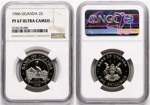 UGANDA 2 SHILLINGS 1966 KM 6 NGC PF 67 ULTRA CAMEO TOP POP