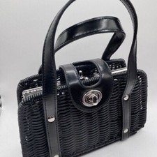 Maxx Wicker Basket Weave Black Handbag 2 Compartments New