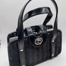 Maxx Wicker Basket Weave Black Handbag 2 Compartments New