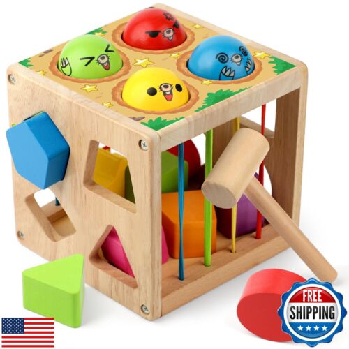 Coogam Wooden Montessori Toys for Toddlers, Shape Sorting Cube Whack Mole Fin