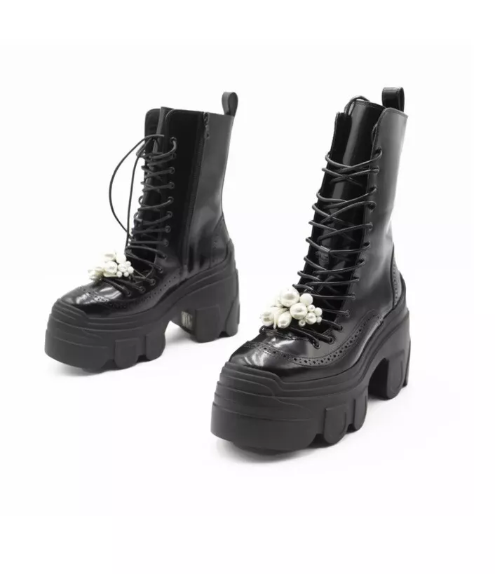 Simone Rocha Women Boots Platform Combat Pearl Black 95 Mid Calf