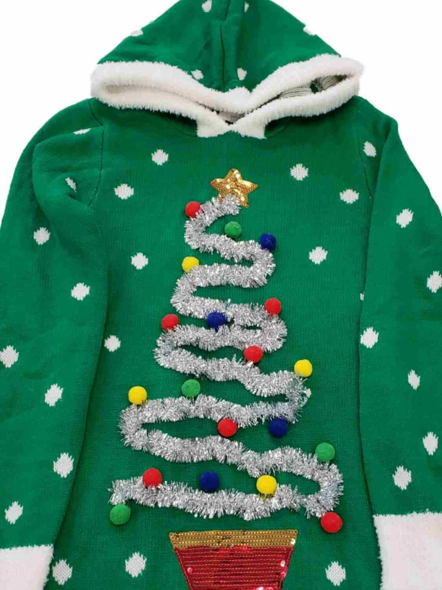 Junior Womens Green Silver Christmas Tree Hoodie Holiday Sweater