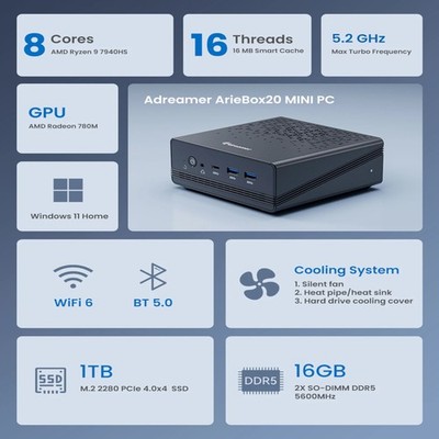 Adreamer Mini PC Aries Box AMD R9 7940HS 8C/16T 16GB DDR5 1TB Win11 New In Box