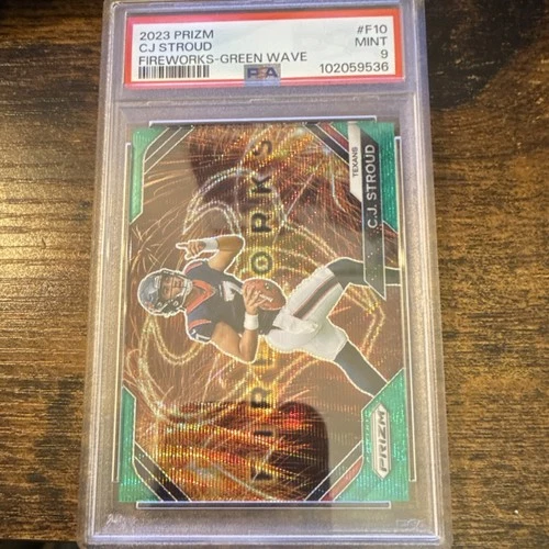 2023 Panini Prizm CJ Stroud Fireworks Green Wave Prizm Rookie F-10 PSA 9 Texans