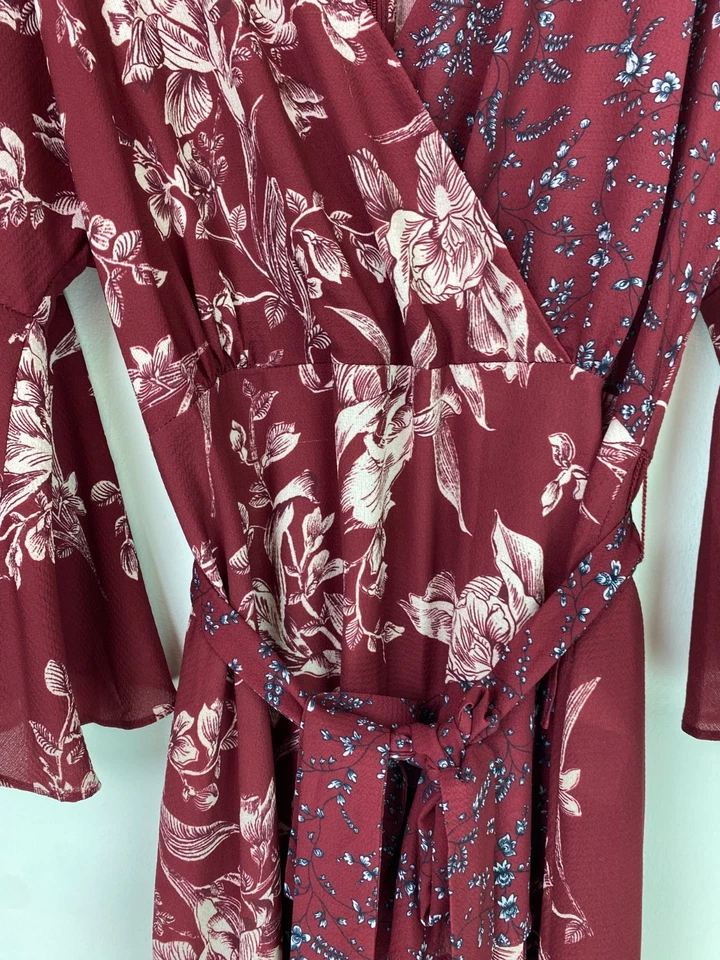 French Connection Burgundy Floral Wrap Dress Ruffle Hem Flare Sleeve UK 14 — 第 4/4 张图片