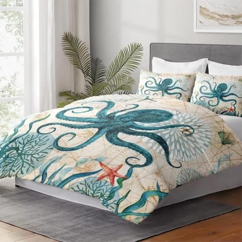 Juego de edredón tamaño con funda de almohada, pulpo coral marino 2 piezas doble multi 15 Foto 4 de 4