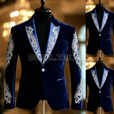 Royal Blue Velvet Men Suit Beading Sequin Tuxedo Formal Party Wedding Blazer