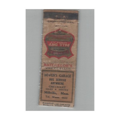 1930s Matchbook Cover Bowens Chevrolet / Bus Service Millville MA