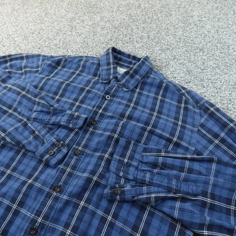LL Bean Shirt Mens L Blue Plaid Flannel Button Up Long Sleeve Outdoor Hiking