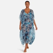 L Ralph Lauren Cover Up Womens XS Blue Floral Beach Patchwork Midi Caftan Swim